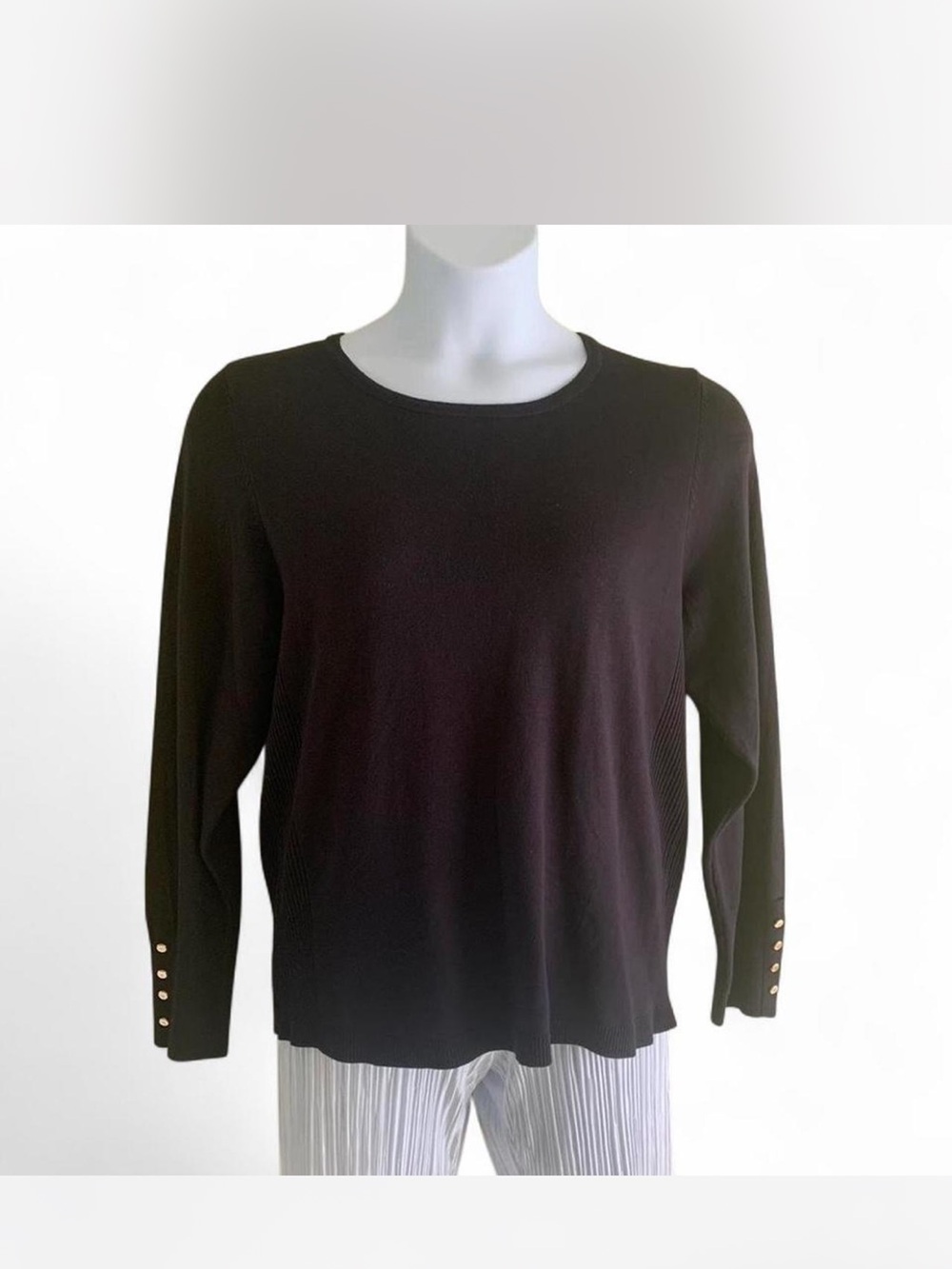 Classic Black Long-Sleeve Crewneck Top with gold Button Cuff size L